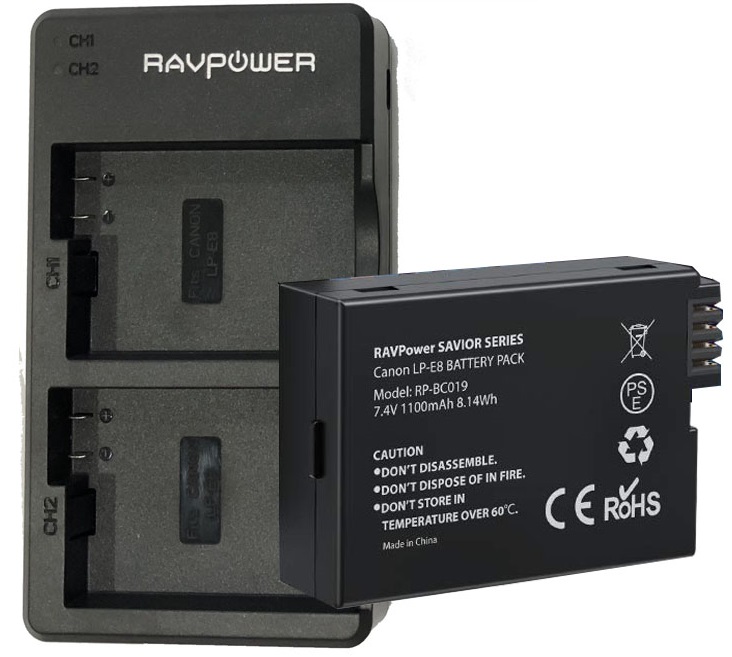 Bộ 2 Pin + Sạc Đôi RAVPower Canon LP-E8 Cho Canon 550D, 600D, 650D, 700D (Hàng Chính Hãng)