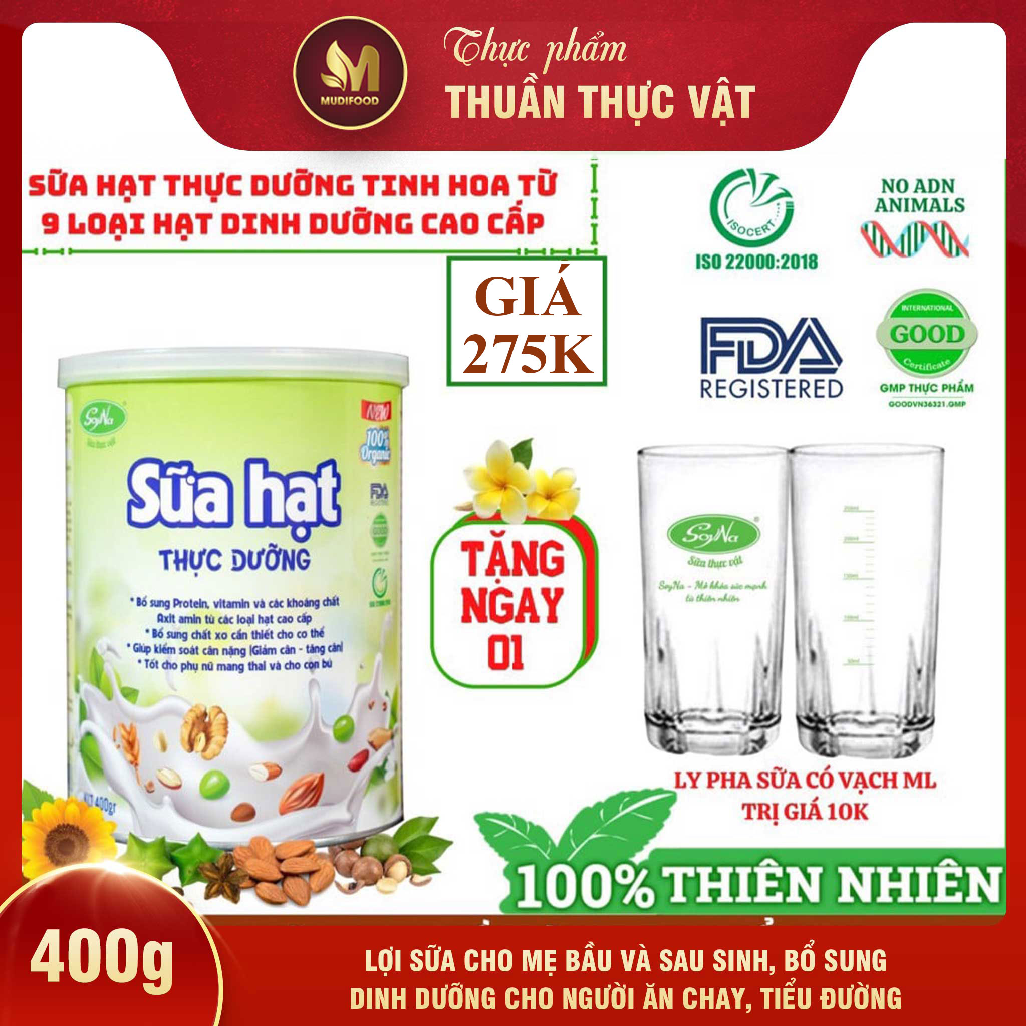 Combo Sữa Hạt - Power 400g Soyna, Tặng 2 Ly Thủy Tinh Có Vạch Chia ml