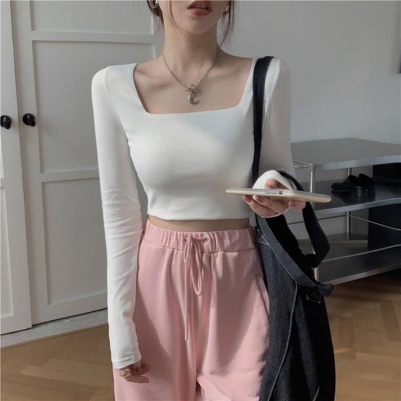 Áo Croptop Tay Dài Cổ Vuông Màu Trơn Co Giãn Phong Cách Hàn Quốc 3 Màu Tùy Chọn