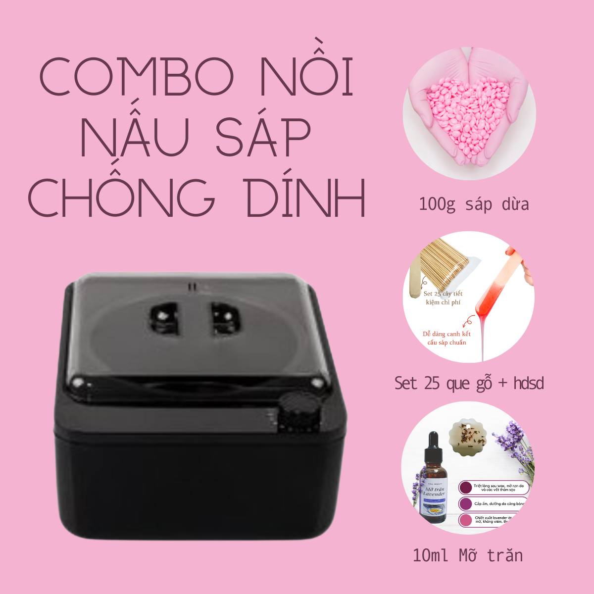 Nồi Nấu Sáp Wax Lông Chống Dính Cao Cấp. Tặng Kèm 100g Sáp Hạt Premeir + Que Gỗ + Mỡ Trăn. Bảo Hành 6 Thán
