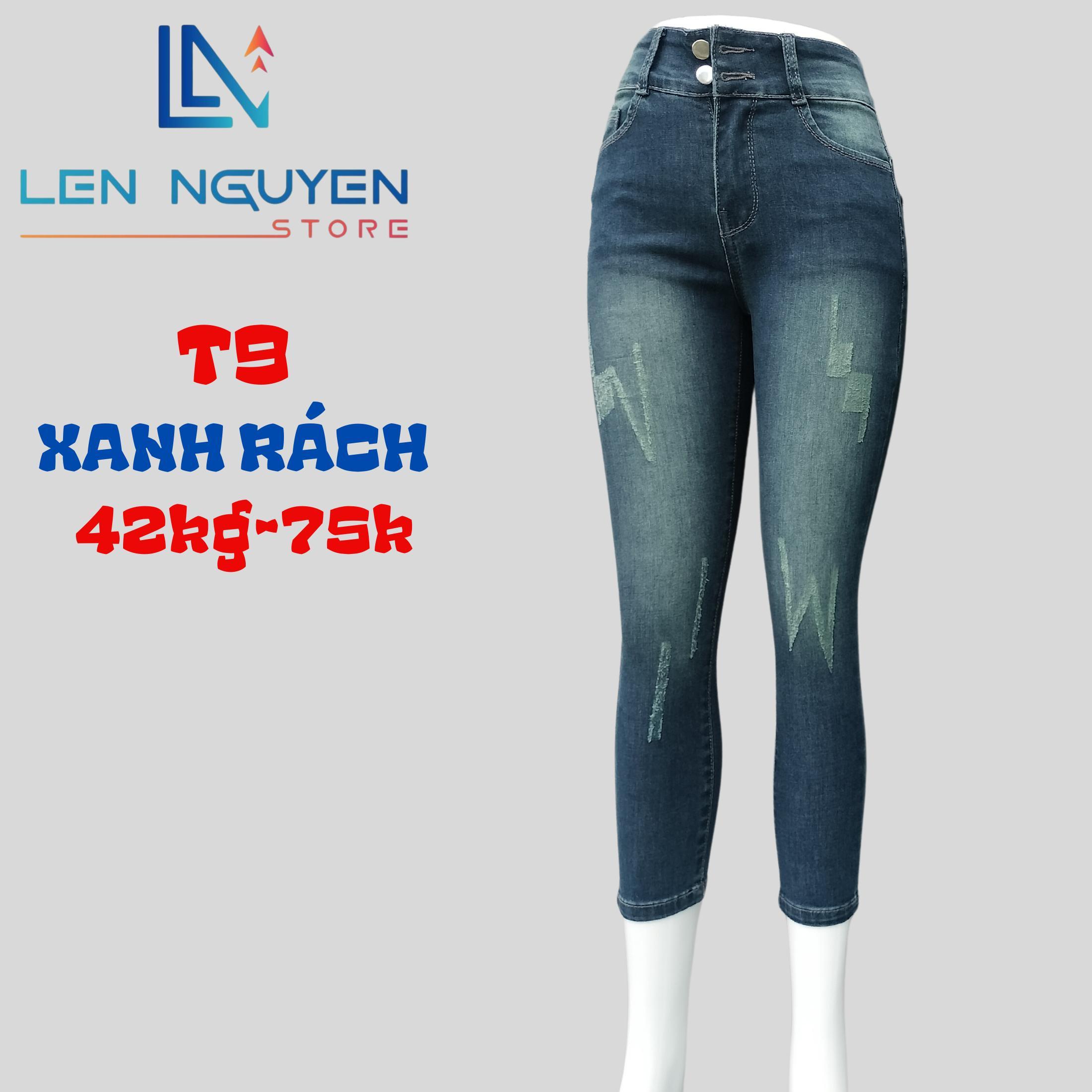 T9_  Quần jean nữ, 9 tất, lưng cao, quần bò nữ dáng ôm, quần rin nữ có big size, cho 42kg đến 75kg - Xám Rách