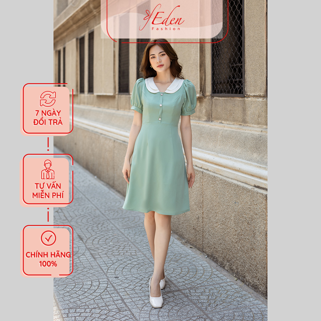 Đầm công sở chữ a tay phồng thời trang Eden - D495