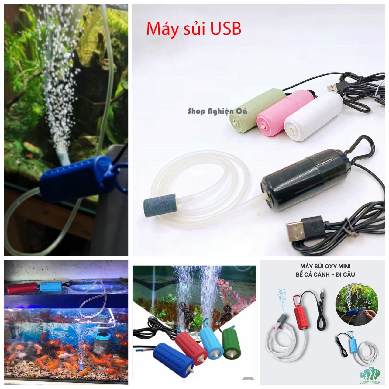 Máy sủi oxy mini siêu êm máy sục oxi bể cá cảnh bơm khí khi đi câu hồ cá, kết nối USB loại tốt khí mạnh