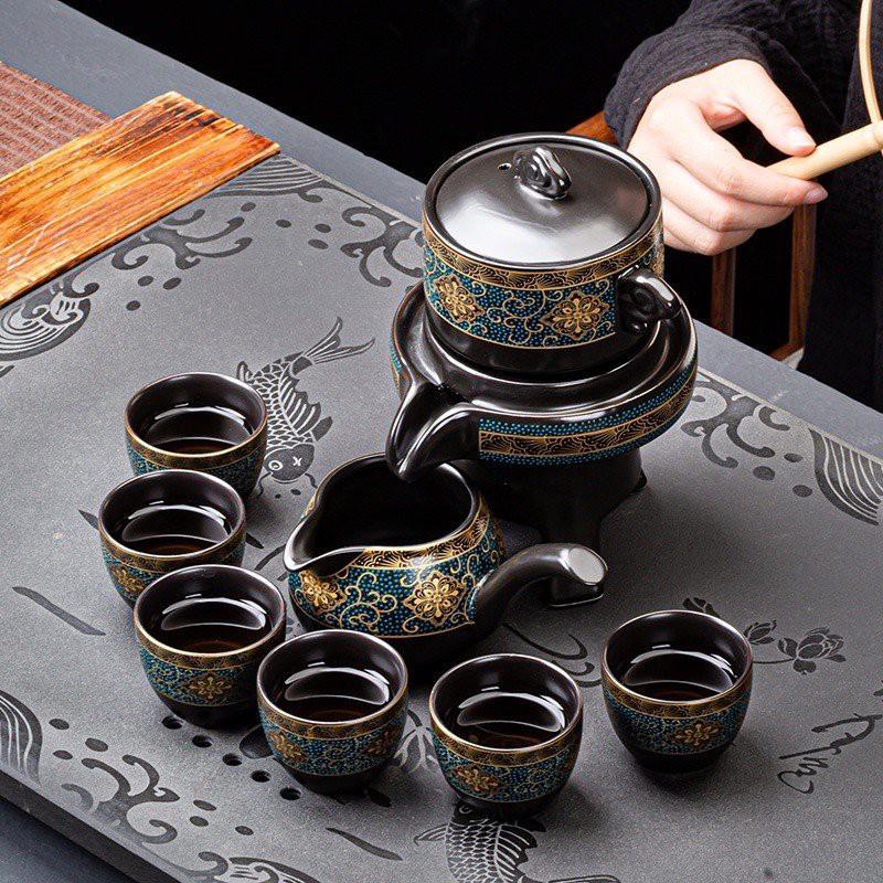 Bộ Ấm Chén Pha Trà Cối Xay - Xanh Đen Vàng kèm hộp quà tặng.