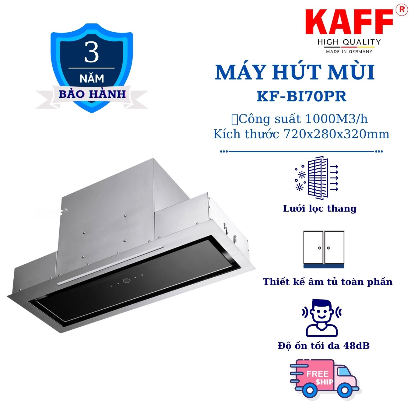 Máy hút mùi âm toàn phần mặt kính cảm 700mm ứng KAFF KF_BI70PR Tặng bộ lọc than thay thế KAFF _ Hàng Chính Hãng