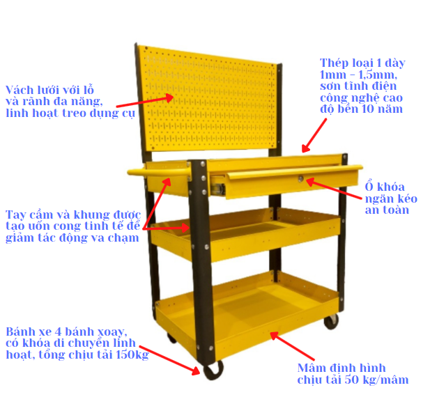 Xe đẩy 3 ngăn 1 hộc kéo vách lưới vàng