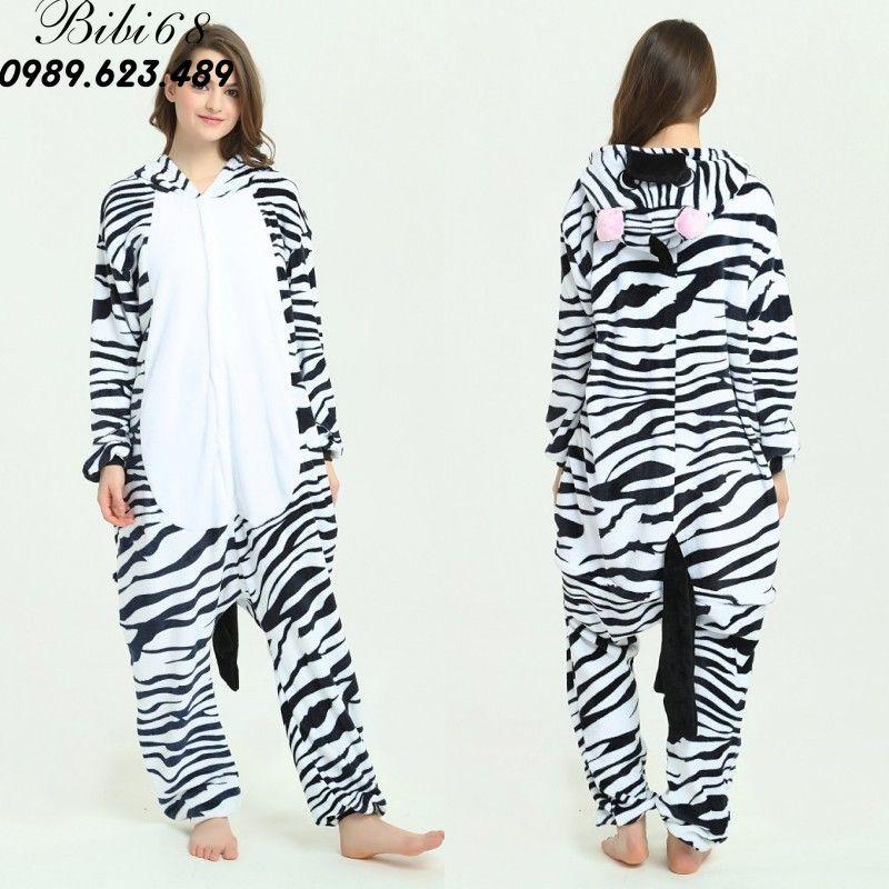 Bộ Đồ thú ngựa vằn liền thân lông mịn Pijama Cho Người Lớn và Trẻ Em kiểu dáng Động Vật Hoạt Hình Cosplay