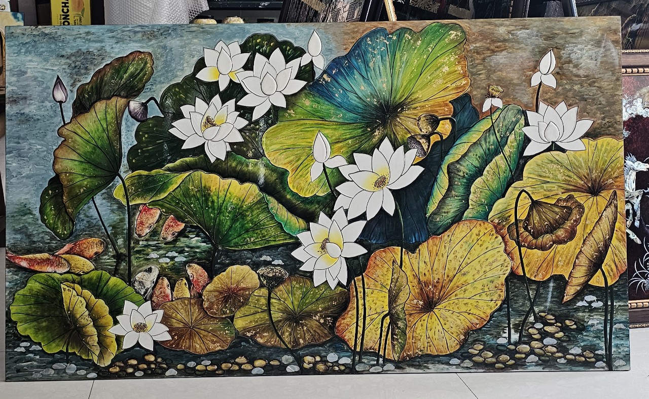 Tranh sơn mài - HOA SEN, HOA CÚC -  chữ nhật thích hợp trang trí, làm quà tặng ý nghĩa ( không kèm khung)