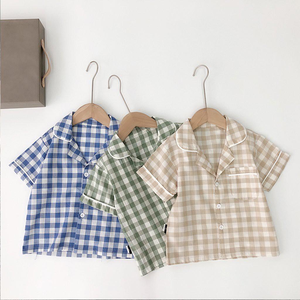 Bộ Pijama Kẻ Caro Cộc Tay Cho Bé SUMO KIDS, Đồ Bộ Bé Trai, Gái Mặc Đều Xinh Chất Thô Đũi Cho Bé Từ 6-27kg