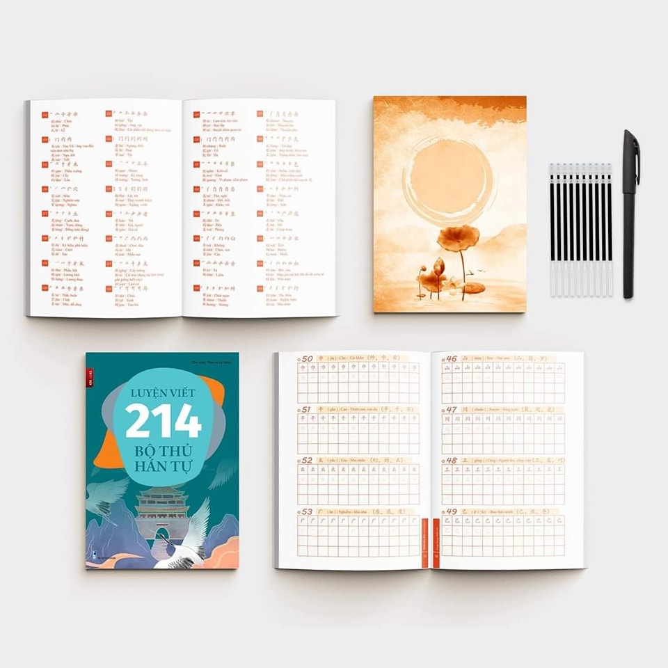 Combo vở Luyện Viết 214 Bộ Thủ Hán Tự tặng kèm10 ngòi bút bay màu có AUDIO File Nghe KTBOOKS