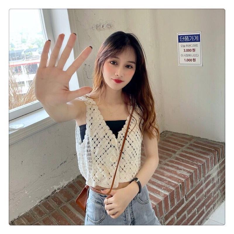 Áo 2 dây sợi móc cài khuy cổ tim dáng ngắn croptop