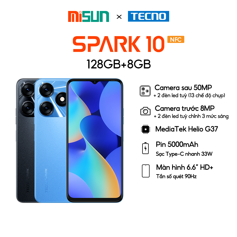 Điện thoại Tecno SPARK 10 4GB/128GB - Camera 50MP | 5000 mAh | Sạc nhanh 18W | Cảm ứng vân tay | Hàng Chính Hãng