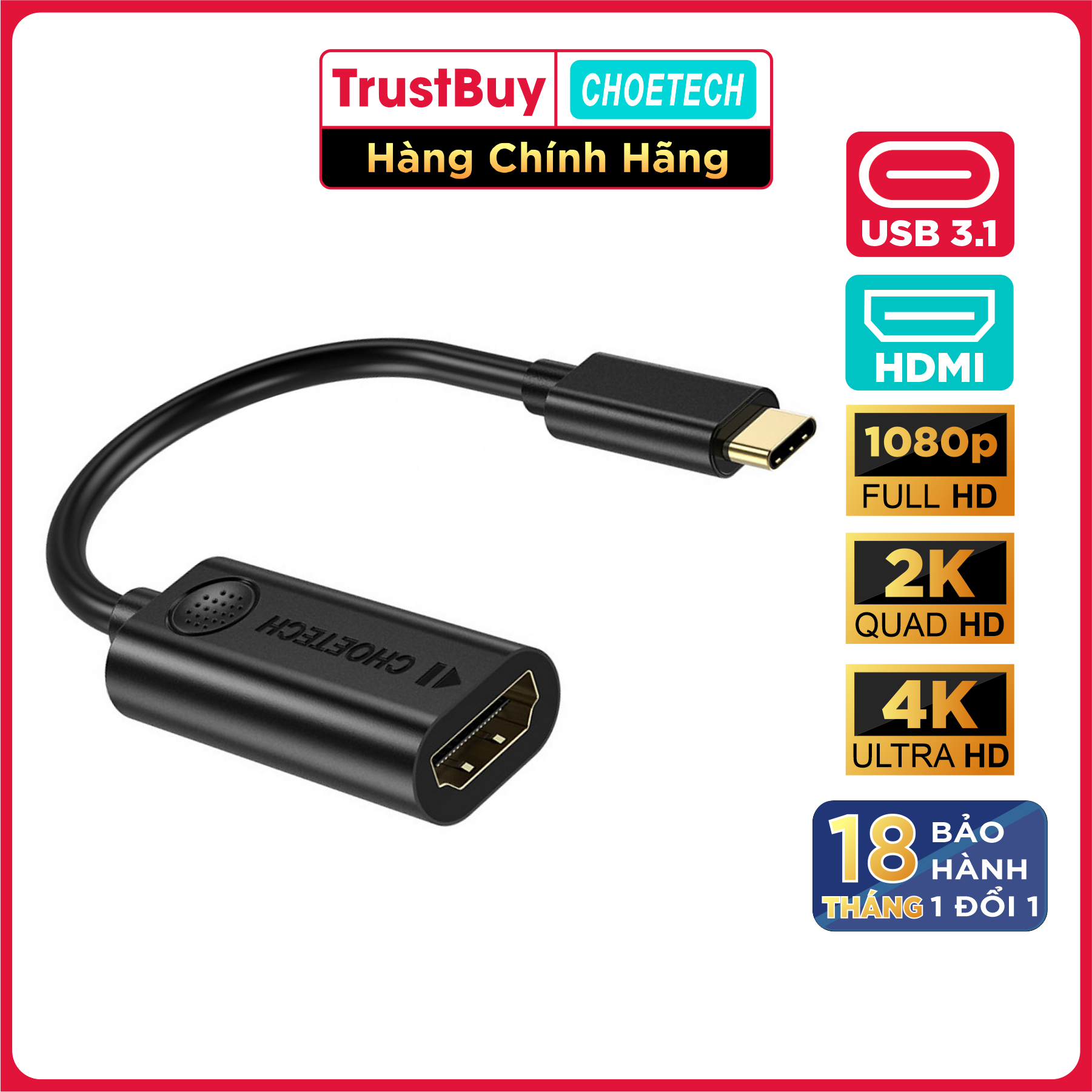 Bộ chuyển đổi USB C sang HDMI CHOETECH HUB-H04 - Hàng Chính Hãng