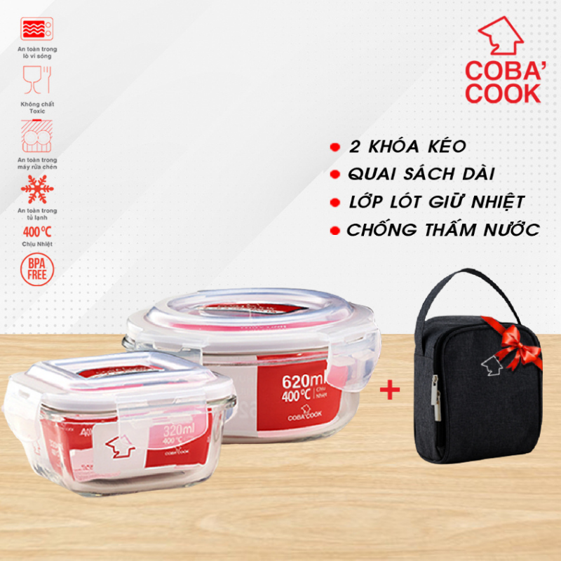 Bộ 2 hộp đựng cơm thức ăn ,trữ thực phẩm thủy tinh chịu nhiệt COBA'COOK 1 tròn 620ml + 1 vuông 320ml  - CCR6S32BS