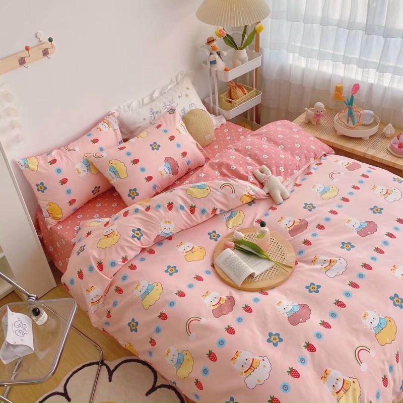 Bộ Chăn Ga Gối Cotton Living 100%côtton Hàng Nhập Khẩu Cao Cấp 4 Món Thỏ Hồng