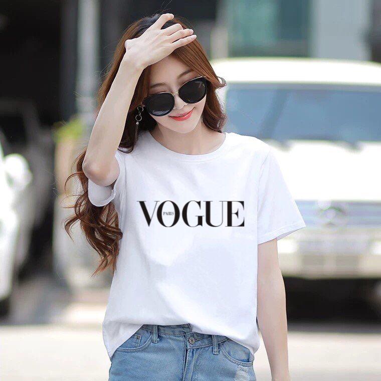 Áo thun nữ cổ tròn form rộng thun cotton 4 chiều phong cách Hàn Quốc in chữ Vogue ( ANU018 )