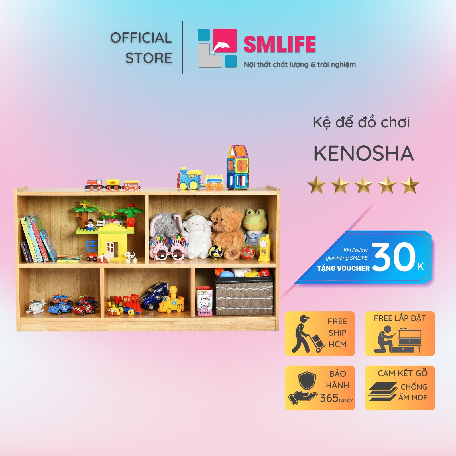 Kệ để đồ chơi cho bé SMLIFE Kenosha | Gỗ MDF dày 17mm chống ẩm | D110xR30xC60cm