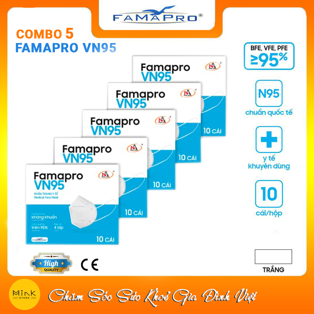 [HỘP - FAMAPRO VN95] - Khẩu trang y tế kháng khuẩn 4 lớp Famapro VN95 đạt chuẩn N95 (10 cái/ hộp) - COMBO 5 HỘP