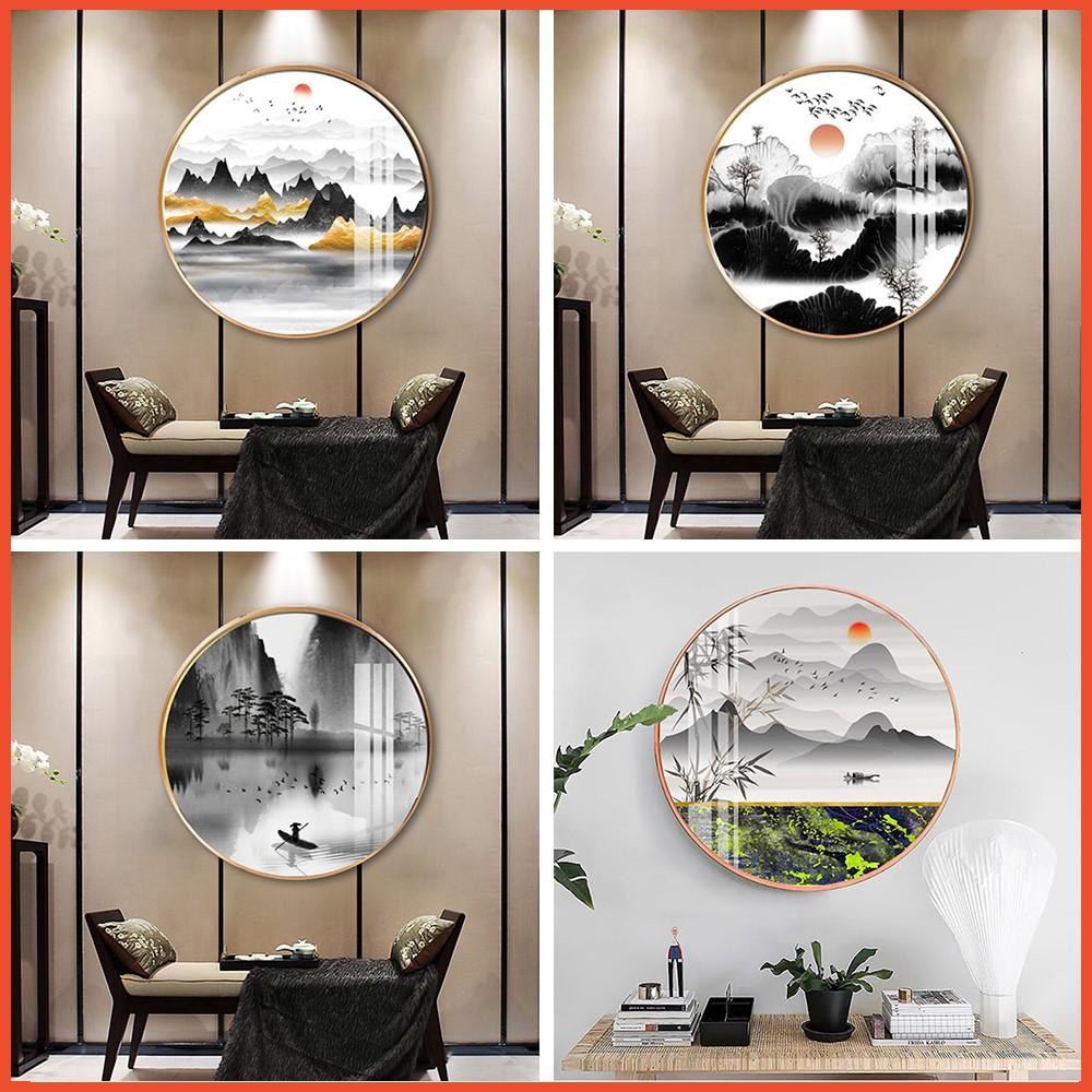 Tranh tròn tráng gương sơn thủy hữu tình decor trang trí cầu thang phòng khách - Tranh treo tường cao cấp tặng kèm đinh