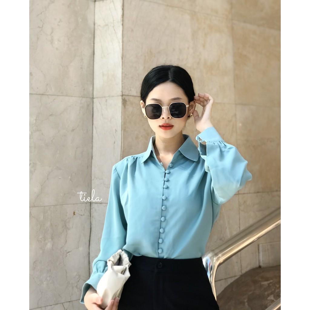 Áo sơ mi công sở nữ đẹp kiểu Hàn Quốc Form rộng tay dài nút vải chất lụa cao cấp màu TRẮNG HỒNG XANH BE - TIELA
