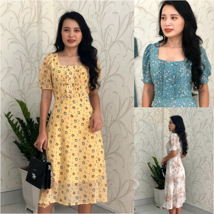 Đầm form dài voan hoa xếp ly ngực tôn dáng sang trọng S&amp;M GR196 - Hình thật shop tự chụp
