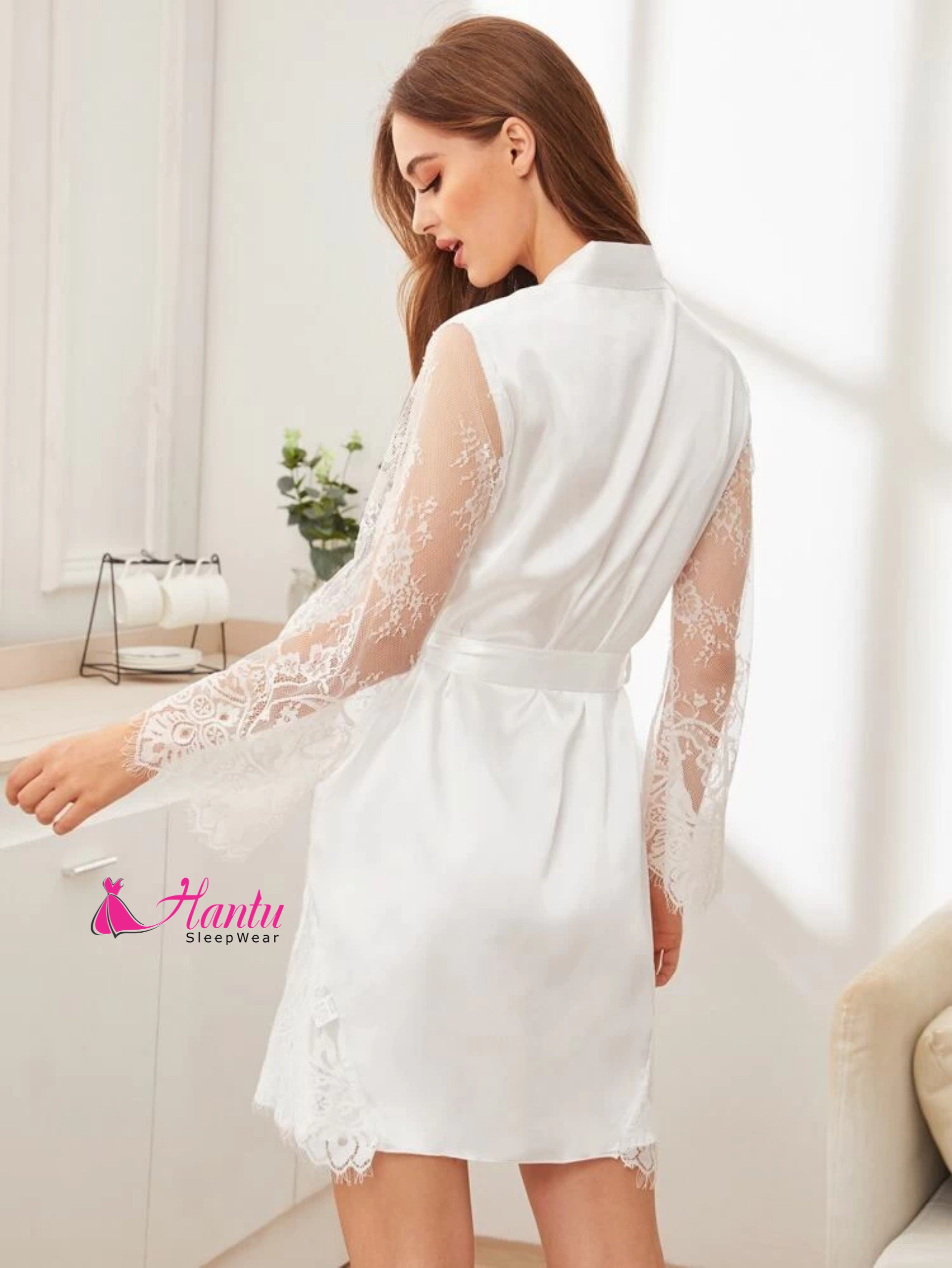 Áo choàng cô dâu,Áo choàng ngủ lụa phối ren Hantu Sleepwear Freesize dưới 70kg