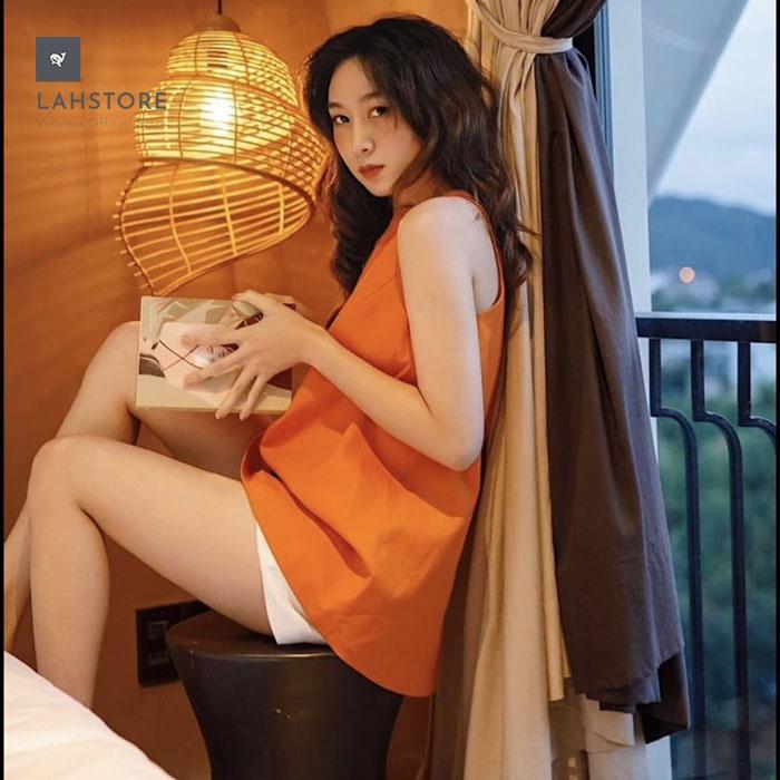 Bộ mặc nhà linen nữ form rộng sát nách trẻ trung LAHSTORE, chất vài linen mềm mát