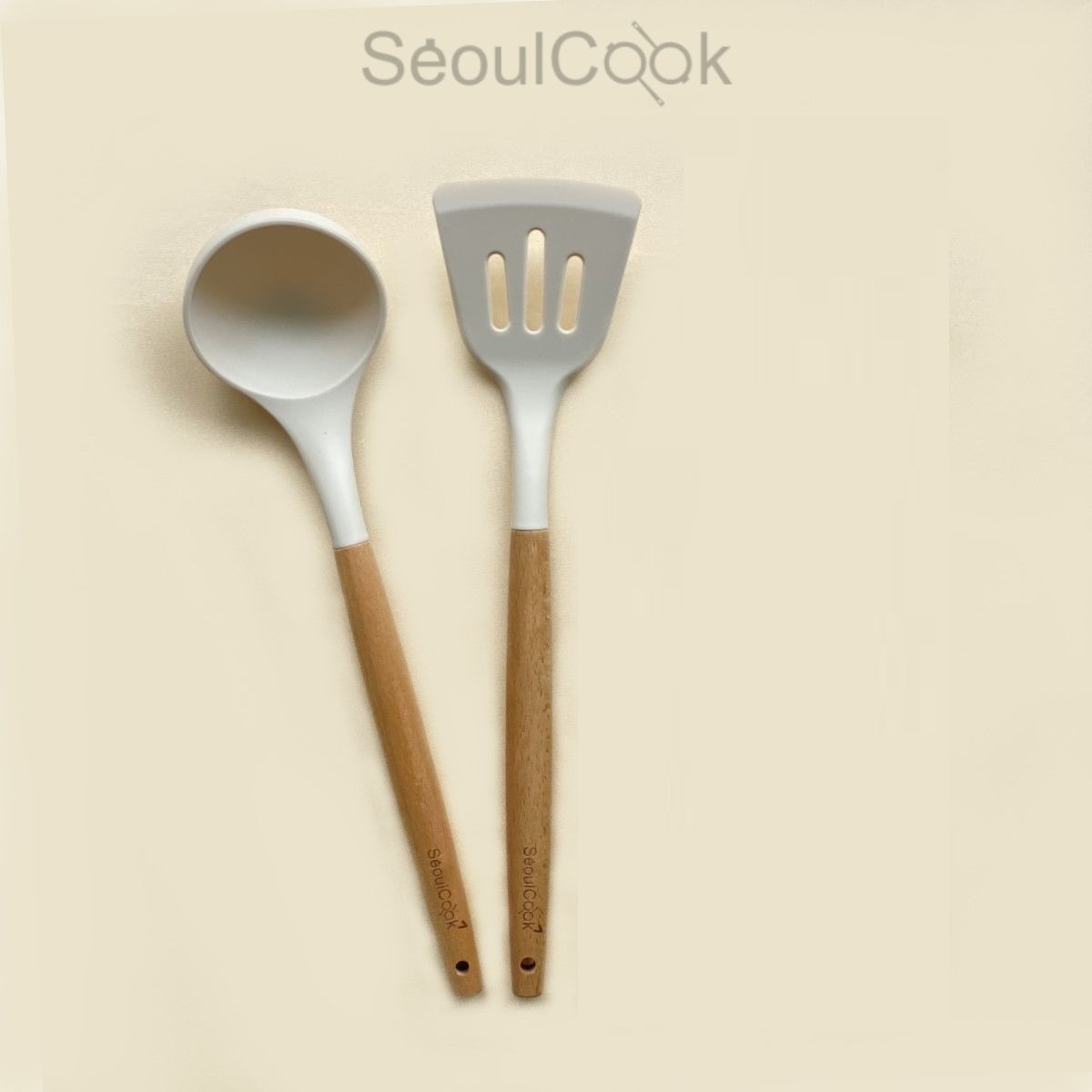  Bộ 2 dụng cụ nấu ăn Vá/ Sạn/Xẻng có rãnh cán gỗ Seoulcook cao cấp, chống dính dùng cho nhà bếp 