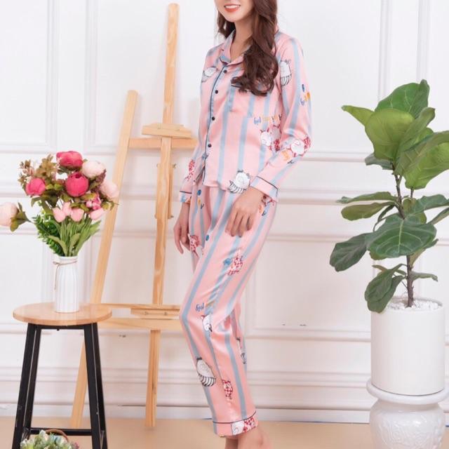 Bộ pizama lụa dài tay họa tiết kẻ sọc