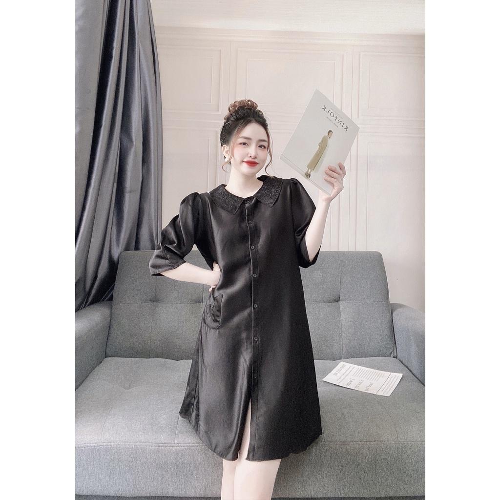Đầm ngủ tiểu thư cổ thêu hoa Hoàng Tình Store, chất liệu lụa satin cao cấp mềm mịn mát, freesize 40-65kg tùy chiều cao