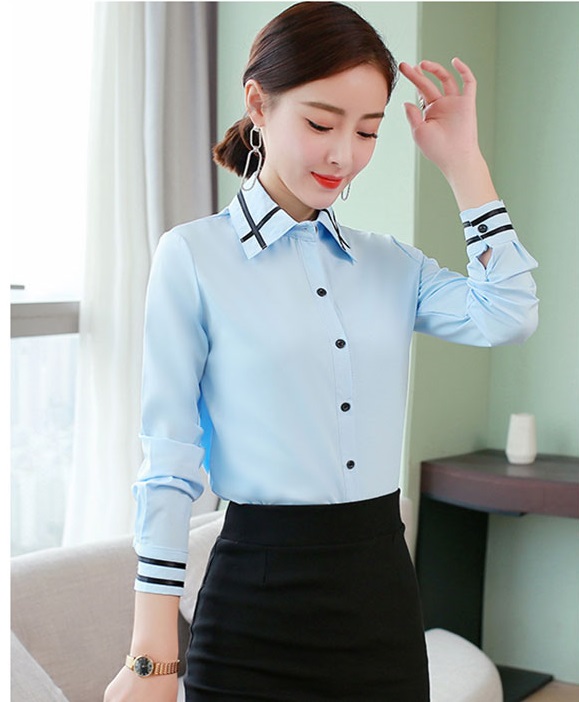 Áo sơ mi nữ trơn cổ và tay phối kẻ sọc đen sm147