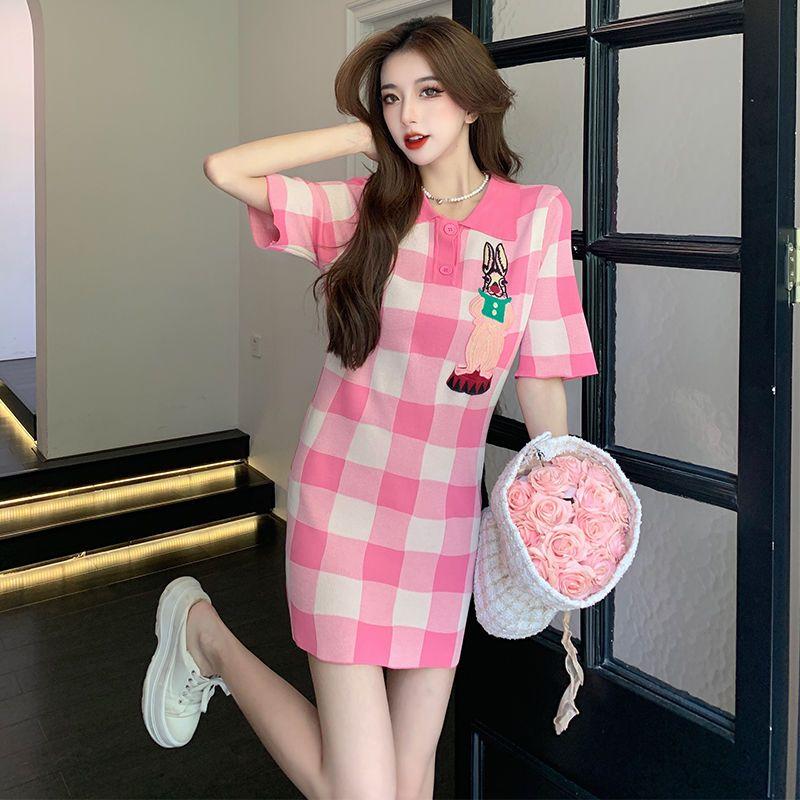 SHUANGYAN polo cổ màu hồng kẻ sọc dệt kim đầm mùa hè 2023 nhỏ lỏng lẻo thời trang ngọt ngào giảm tuổi váy
