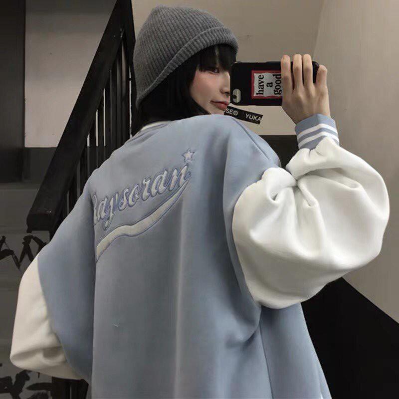 Áo bomber bóng chày nữ chữ R áo khoác nỉ bông đen xanh chữ thêu bo chun dệt thời trang nam nữ