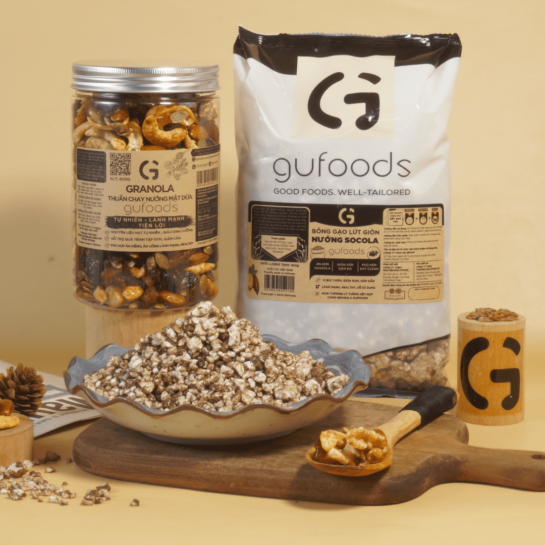 Bỏng gạo lứt giòn nướng socola GUfoods - Ăn kèm granola, Giòn xốp đậm đà, Giàu chất xơ, Thuần chay, Eat clean