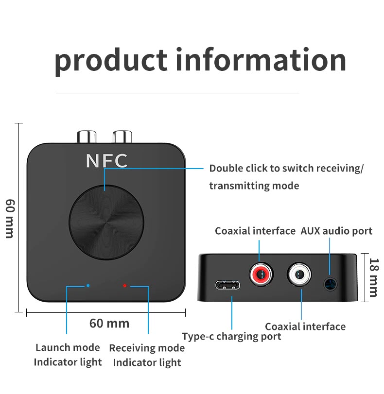 Bộ Thu Phát Âm Thanh 2 Trong 1 BT-21 Công Nghệ Bluetooth 5.0 vs NFC Hỗ Trợ Cổng RCA/AUX Tích Hợp Pin 200mAh