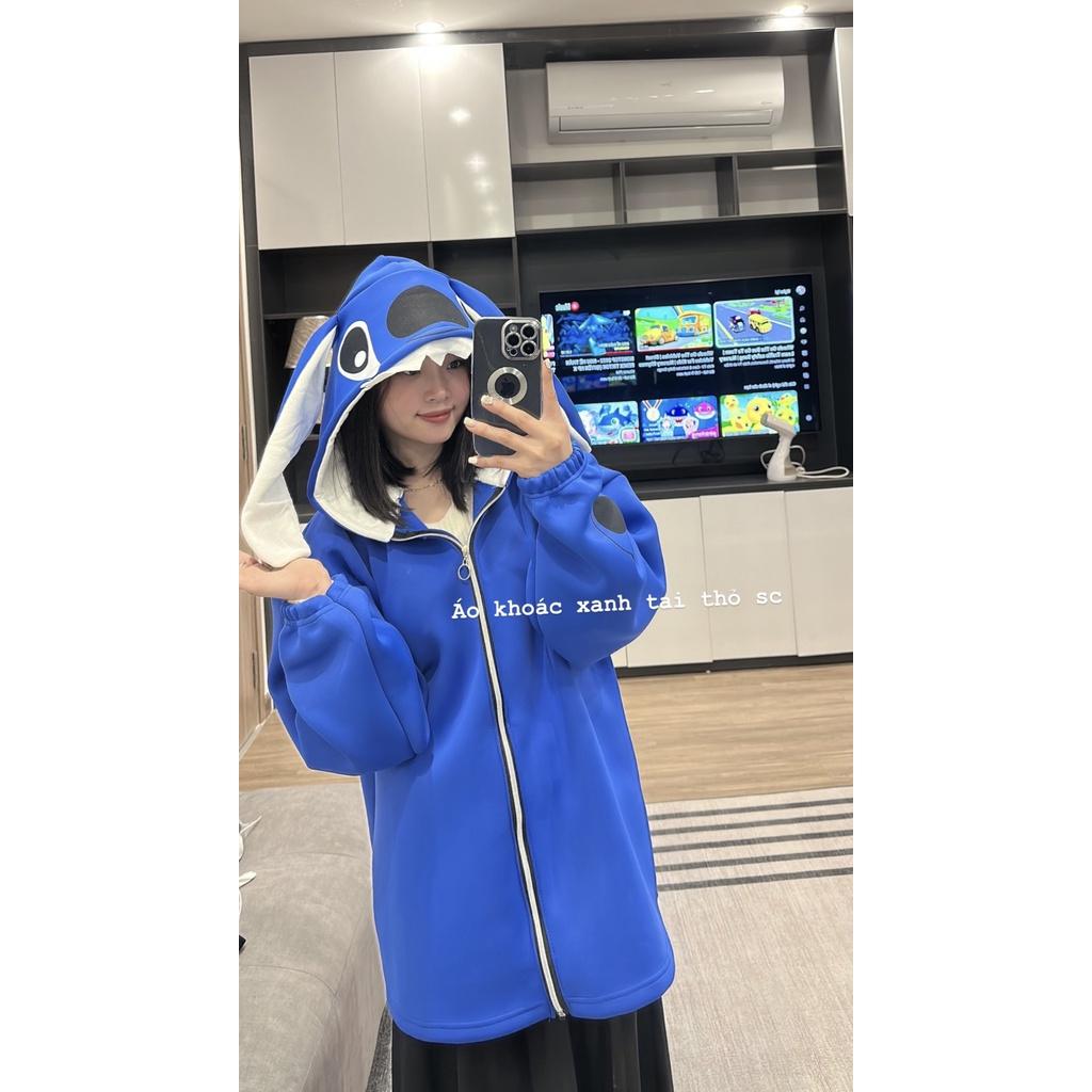 Đẳng cấp áo khóa có mũ hình gấu stick màu xanh form rộng áo hoodie zip unisex hot trend