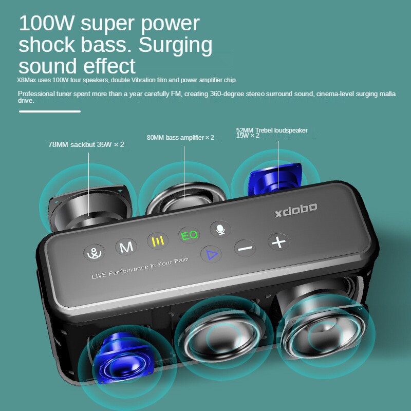 Oa Bluetooth 5.0 Di Động Xdobo X8 Max Công Suất 100W, Chống Nước IPX5, Hỗ Trợ EQ, Thẻ TF Cổng AUX - Hàng chính hãng