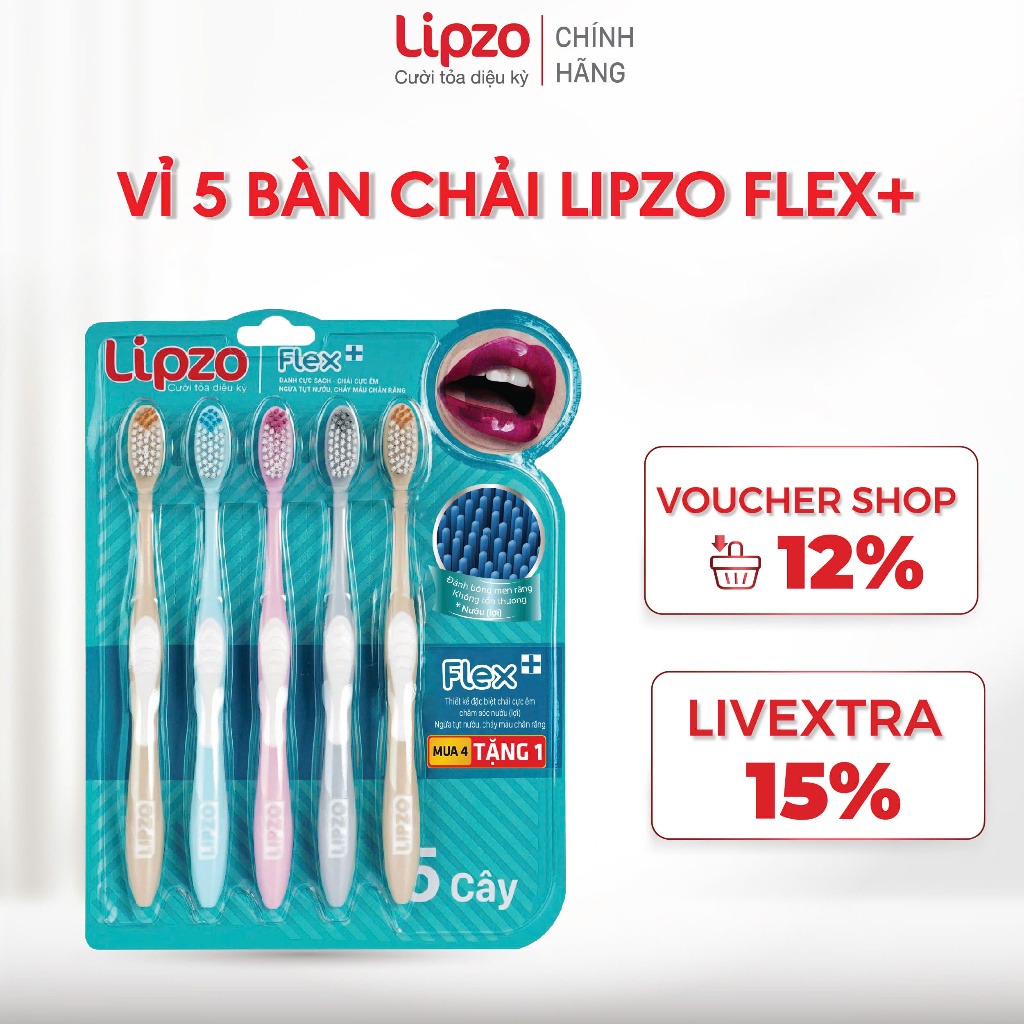 Vỉ 4 Tặng 1 Bàn Chải Đánh Răng Lipzo Flex+ Màu Pastel Công Nghệ Lông Bàn Chải Lõi Kép Chỉ Tơ Nha Khoa Siêu Linh Hoạt