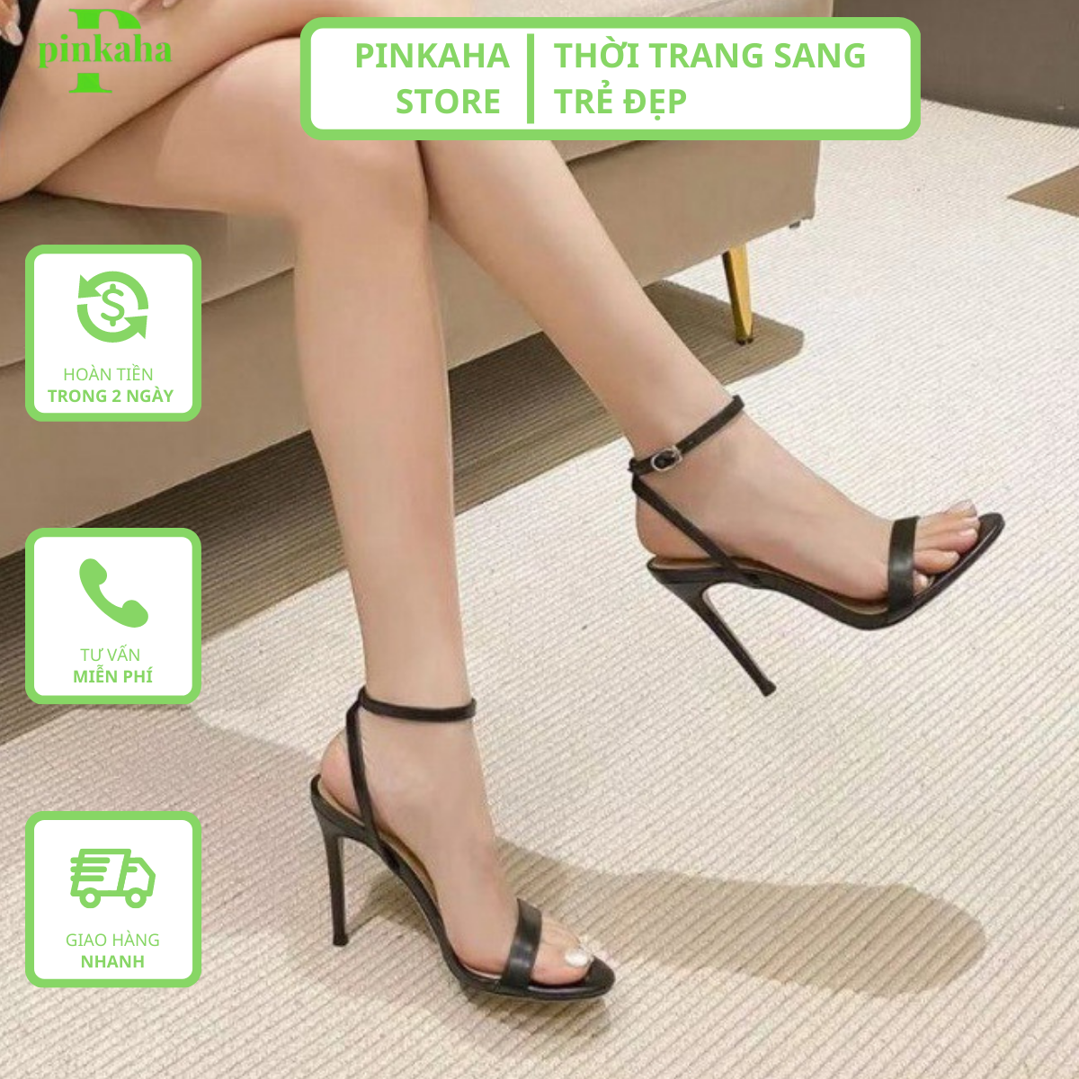 Giày Sandal Nữ PINKAHA GH4 Mũi Tròn Cao Gót 9p Quai Mảnh Gót Nhọn Quai Ngang Hàng Cao Cấp Đi Chơi Đi Làm Đi Tiệc