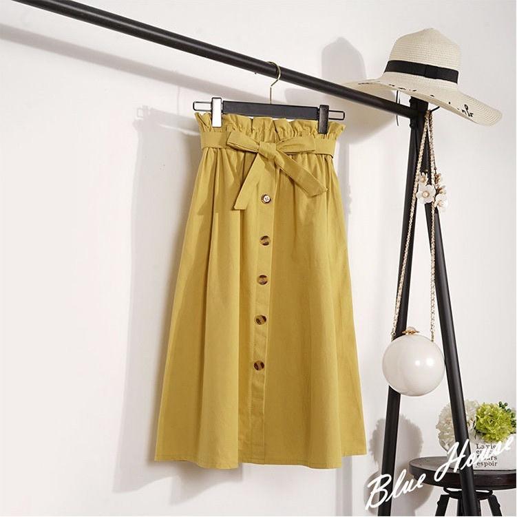 Chân Váy Midi Nữ Kaki Nơ Eo Viền Bèo Hàng Cúc Giữa Dáng Dài