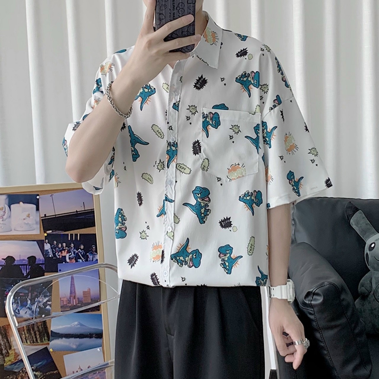 Áo sơ mi nam khủng long chibi kiểu mẫu mới nhất