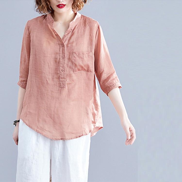 Áo sơ mi nữ cổ trụ tay lỡ trẻ trung, chất liện linen mềm mát, thời trang phong cách trẻ