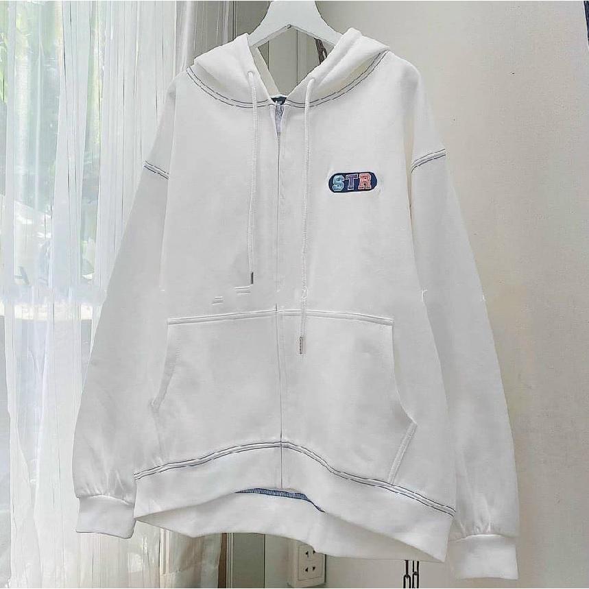 Áo khoác nữ Hoodie khoá kéo thêu STR - Style Hàn Quốc ulzzang - Form rộng oversize