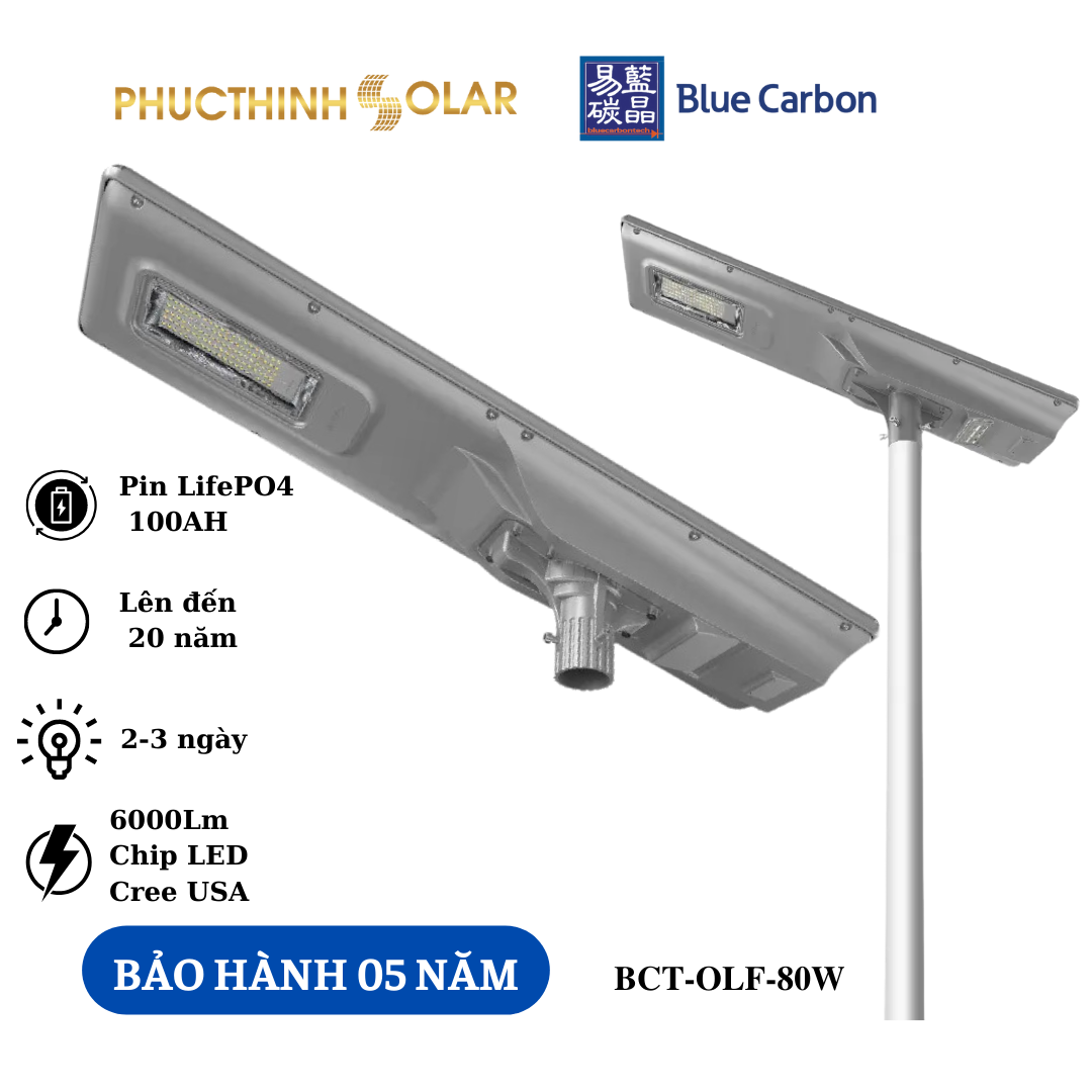 Đèn Đường Năng Lượng Mặt Trời 80W Blue Carbon BCT-OLF-80W Cảm Biến Ánh Sáng Có Remote Chống Nước IP66 Phúc Thịnh Solar