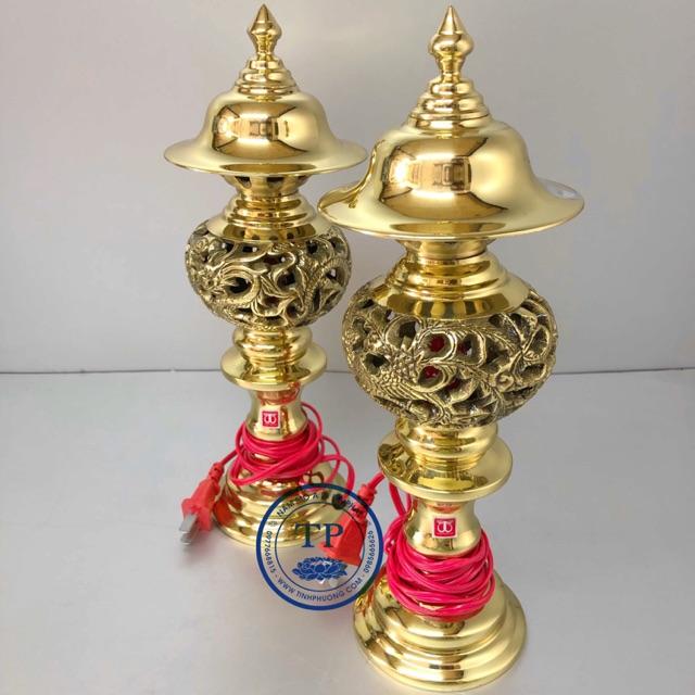Đèn thờ điện đồng vàng , họa tiết rồng phượng KH879