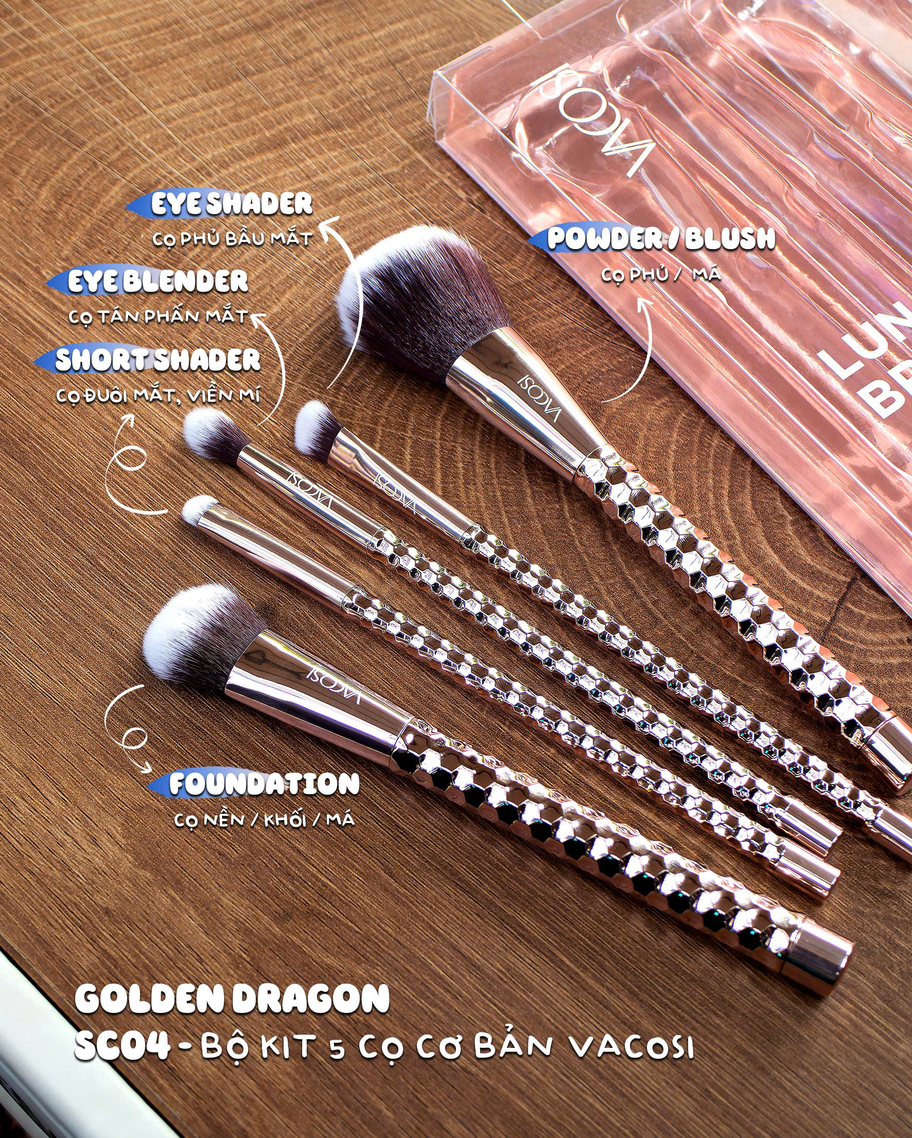 SC04 - BỘ KIT 5 CỌ CƠ BẢN VACOSI, PHIÊN BẢN GOLDEN DRAGON - LUNA THE FACE &amp; EYES BRUSH KIT, 5PCS