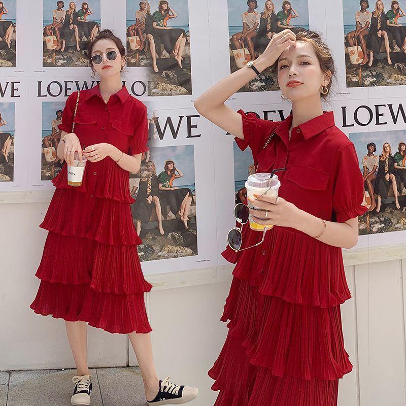 SHUANGYAN Blue Sea Yueno Fairy Mori Dress Platterone váy mối tình đầu màu đỏ 2023 mùa hè khí chất bánh váy chiffon đầm