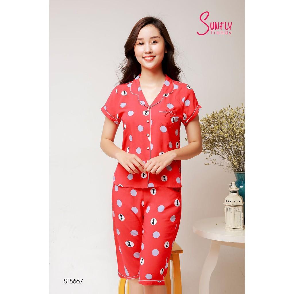 Bộ đồ Pijama mặc nhà Sunfly. Set đồ lanh cao cấp chất Lanh mềm mại, họa tiết chấm bi đơn giản dáng áo cộc quần ngố