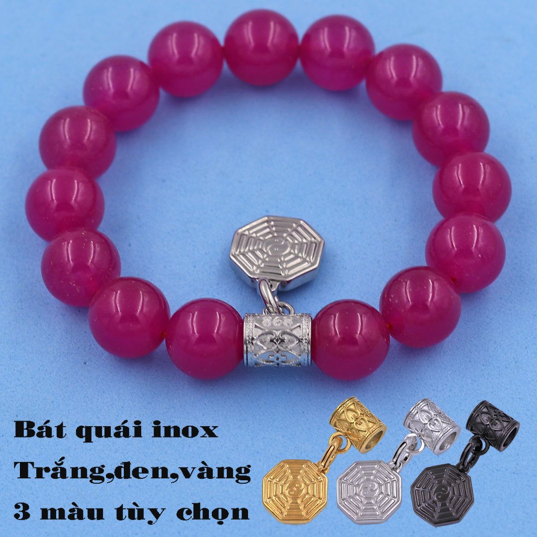 Chuỗi tay Thạch Anh hồng 12 ly - Charm Bát Quái inox VTAHBQTR12 - Hợp mệnh Hỏa, Thổ