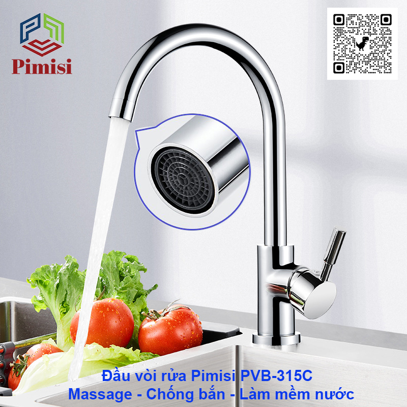 Vòi Nước Rửa Chén Nóng Lạnh Pimisi PVB-315C Inox 304 Mạ Sáng Bóng Dùng Cho Chậu Rửa Bát 1-2-3 Hố Trong Nhà Bếp, Kiểu Cổ Ngỗng, Chỉnh Nhiệt Gật Gù Gắn Bồn Rửa Âm - Dương Bàn Đá, Quay 360 Độ Tăng Áp Nhẹ, Kèm 2 Sợi Dây Cấp Nước Vòi Rửa Bát | Hàng Chính Hãng